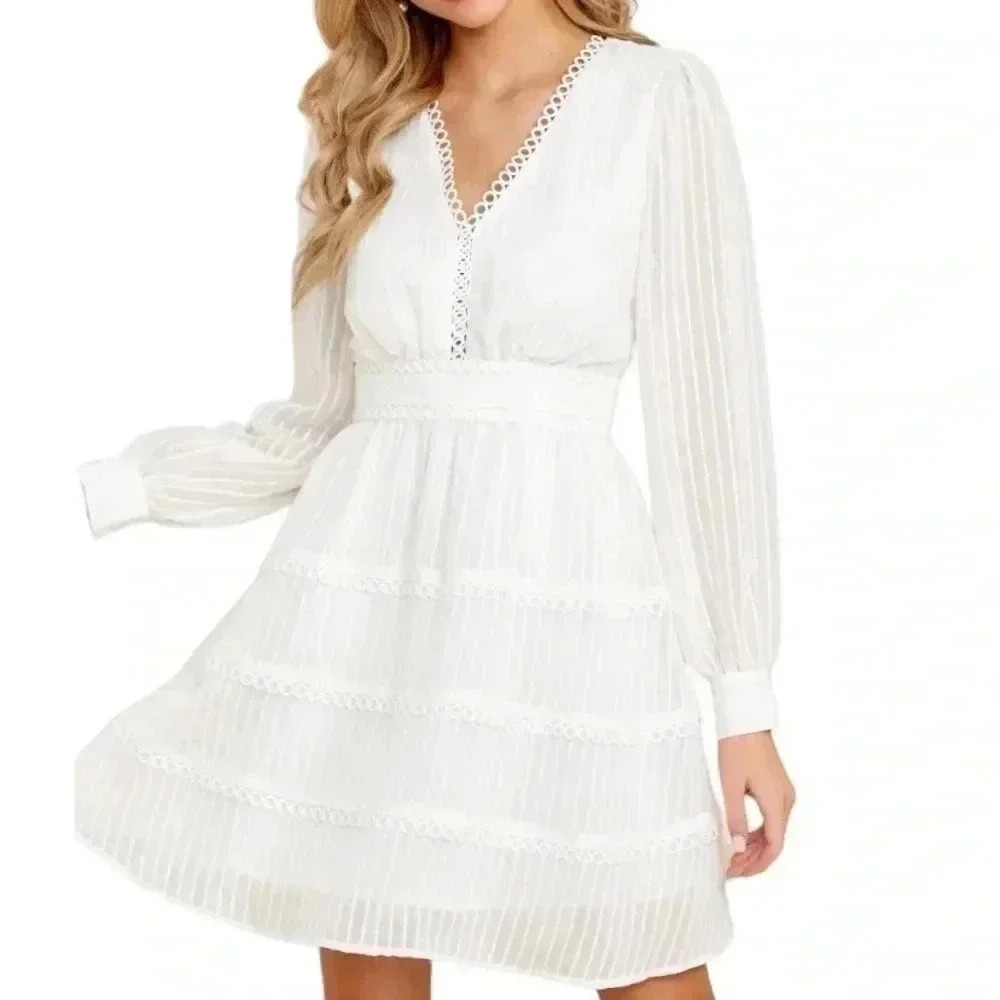 Love Colette Prairie Cottagecore Babydoll White Eyelet Puff Sleeve V Neck Dress